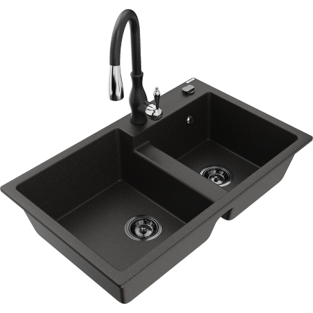 Mexen Tomas granite 2-bowl kitchen sink with Savita faucet, black/gold metallic - 6516-75-672601-70-B
