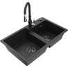 Mexen Tomas granite sink 2-chamber with Savita kitchen tap, black/gold metallic - 6516-75-672601-70-B