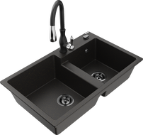 Mexen Tomas 2-Kummer Granitt-Spullsteen mat Kichenënkran Savita, schwaarz/gëllen Metallic - 6516-75-672601-70-B