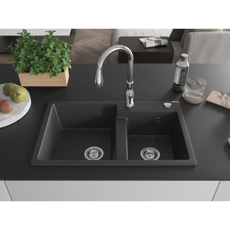 Mexen Tomas fregadero de granito de 2 cuencas con grifo de cocina Savita, negro moteado - 6516-76-672601-00
