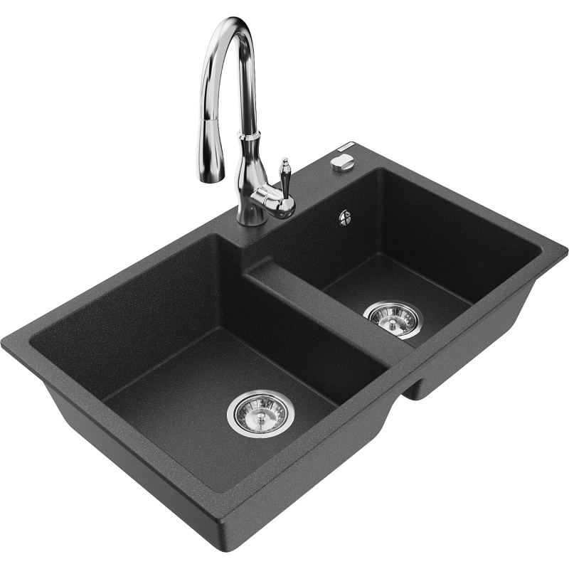 Mexen Tomas granite sink 2-bowl with Savita kitchen tap, speckled black - 6516-76-672601-00