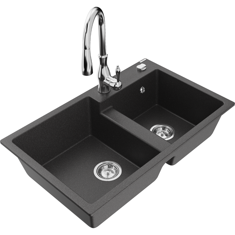 Mexen Tomas lava-louça de granito de 2 cubas com torneira de cozinha Savita, preto salpicado - 6516-76-672601-00