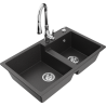 Mexen Tomas granite sink 2-bowl with Savita kitchen tap, speckled black - 6516-76-672601-00