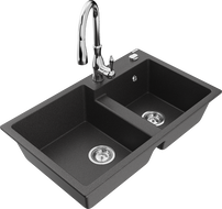 Mexen Tomas granite sink 2-bowl with Savita kitchen tap, speckled black - 6516-76-672601-00