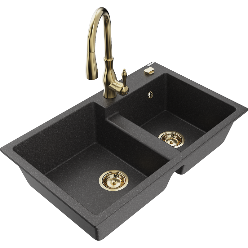 Mexen Tomas fregadero de granito de 2 compartimentos con grifo de cocina Savita, negro moteado - 6516-76-672601-50