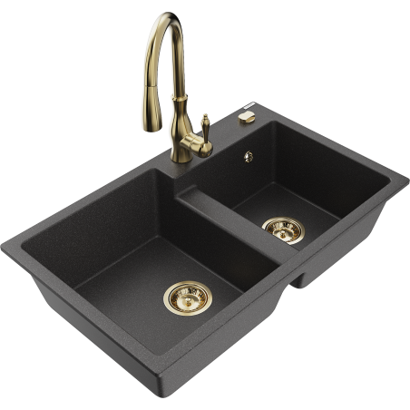 Mexen Tomas granite sink 2-bowl with Savita kitchen tap, black speckled - 6516-76-672601-50