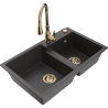 Mexen Tomas granite sink 2-bowl with Savita kitchen tap, black speckled - 6516-76-672601-50