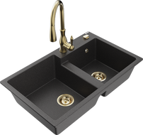 Mexen Tomas fregadero de granito de 2 compartimentos con grifo de cocina Savita, negro moteado - 6516-76-672601-50