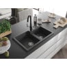 Mexen Tomas granite kitchen sink 2-bowl with Savita kitchen tap, black speckled - 6516-76-672601-70
