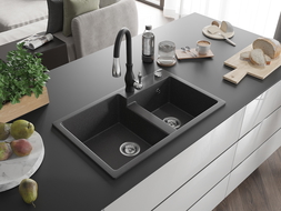 Mexen Tomas fregadero de granito de 2 compartimentos con grifo de cocina Savita, negro moteado - 6516-76-672601-70