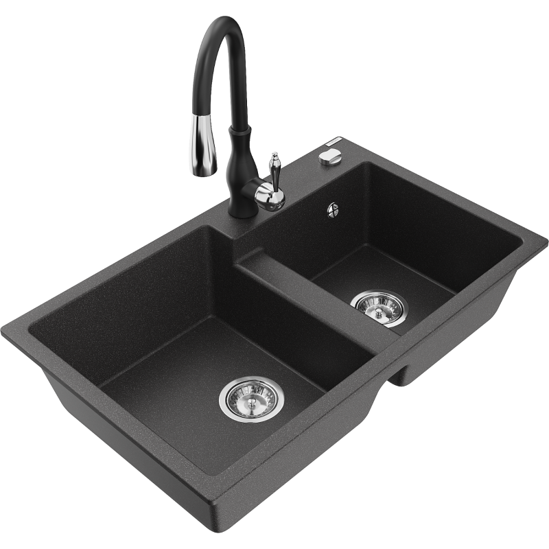 Mexen Tomas fregadero de granito de 2 compartimentos con grifo de cocina Savita, negro moteado - 6516-76-672601-70