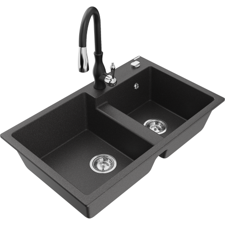 Mexen Tomas fregadero de granito de 2 compartimentos con grifo de cocina Savita, negro moteado - 6516-76-672601-70