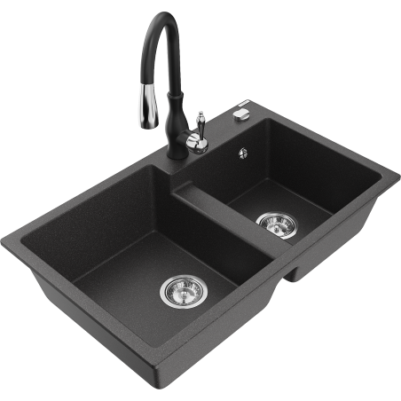 Mexen Tomas granite kitchen sink 2-bowl with Savita kitchen tap, black speckled - 6516-76-672601-70