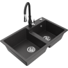 Mexen Tomas évier en granit 2 bacs avec robinet de cuisine Savita, noir moucheté - 6516-76-672601-70