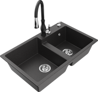 Mexen Tomas fregadero de granito de 2 compartimentos con grifo de cocina Savita, negro moteado - 6516-76-672601-70