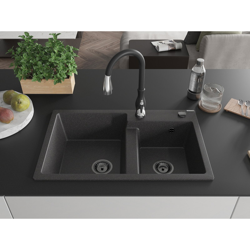 Mexen Tomas fregadero de granito de 2 senos con grifo de cocina Savita, negro moteado - 6516-76-672601-70-B