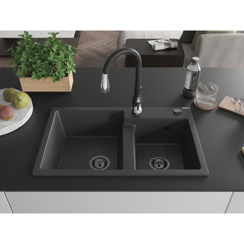 Mexen Tomas granite sink 2-chamber with kitchen tap Savita, black speckled - 6516-76-672601-70-B