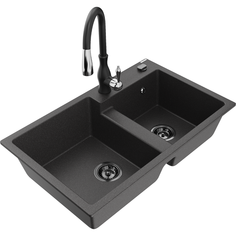 Mexen Tomas fregadero de granito de 2 compartimentos con grifo de cocina Savita, negro moteado - 6516-76-672601-70-B