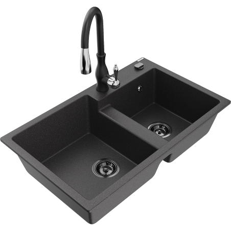 Mexen Tomas granite sink 2-chamber with kitchen tap Savita, black speckled - 6516-76-672601-70-B