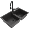 Mexen Tomas granite sink 2-chamber with kitchen tap Savita, black speckled - 6516-76-672601-70-B