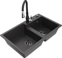 Mexen Tomas fregadero de granito de 2 compartimentos con grifo de cocina Savita, negro moteado - 6516-76-672601-70-B