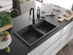 Mexen Tomas fregadero de granito de 2 compartimentos con grifo de cocina Savita, negro moteado - 6516-76-672601-70-B