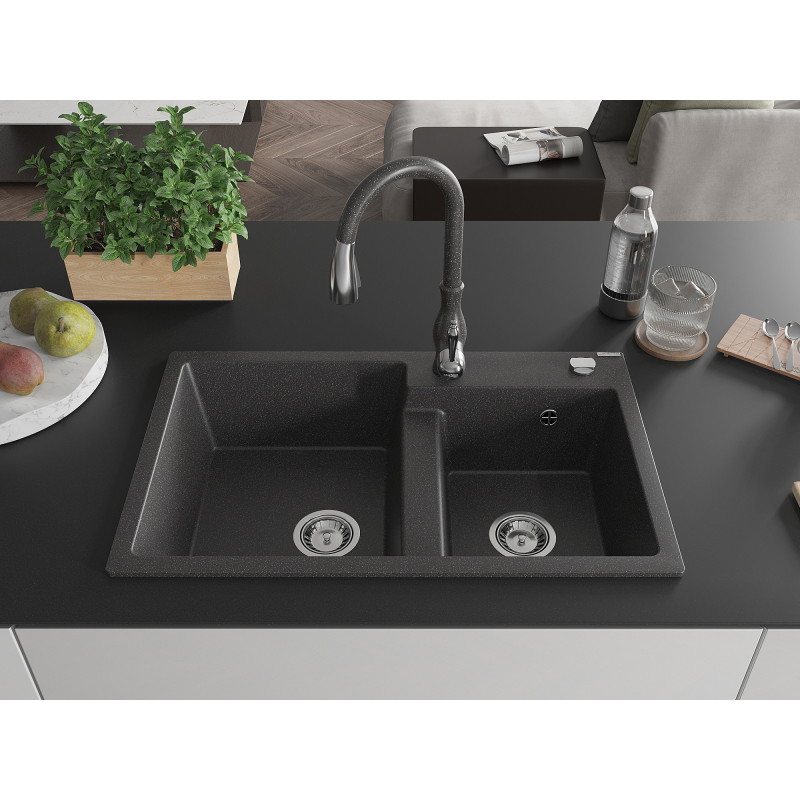 Mexen Tomas fregadero de granito de 2 compartimentos con grifo de cocina Savita, negro moteado - 6516-76-672601-76