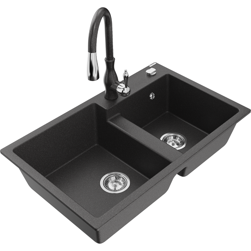 Mexen Tomas fregadero de granito de 2 senos con grifo de cocina Savita, negro moteado - 6516-76-672601-76