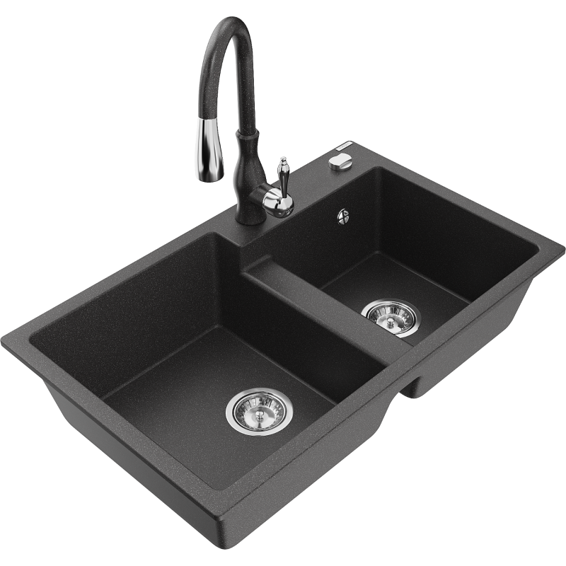 Mexen Tomas granite kitchen sink 2-bowl with Savita kitchen tap, black speckled - 6516-76-672601-76