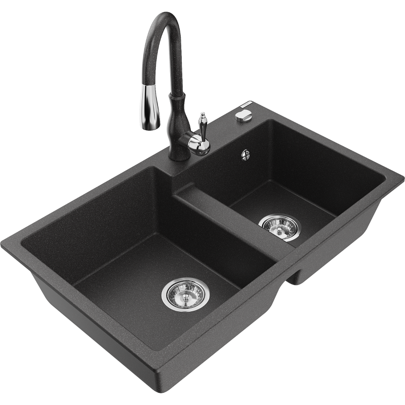 Mexen Tomas lavello in granito a 2 vasche con miscelatore da cucina Savita, nero maculato - 6516-76-672601-76