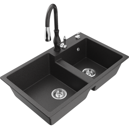 Mexen Tomas fregadero de granito de 2 senos con grifo de cocina Savita, negro moteado - 6516-76-672601-76