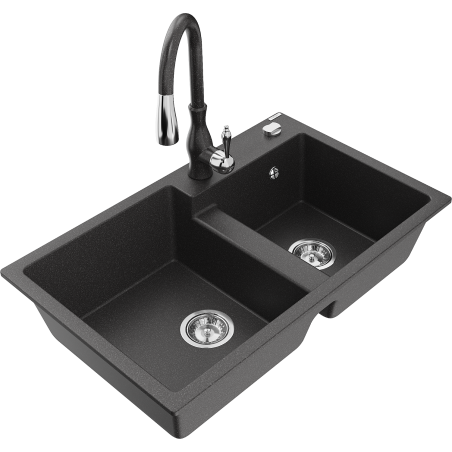 Mexen Tomas granite kitchen sink 2-bowl with Savita kitchen tap, black speckled - 6516-76-672601-76