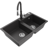 Mexen Tomas granite kitchen sink 2-bowl with Savita kitchen tap, black speckled - 6516-76-672601-76