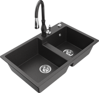 Mexen Tomas fregadero de granito de 2 senos con grifo de cocina Savita, negro moteado - 6516-76-672601-76