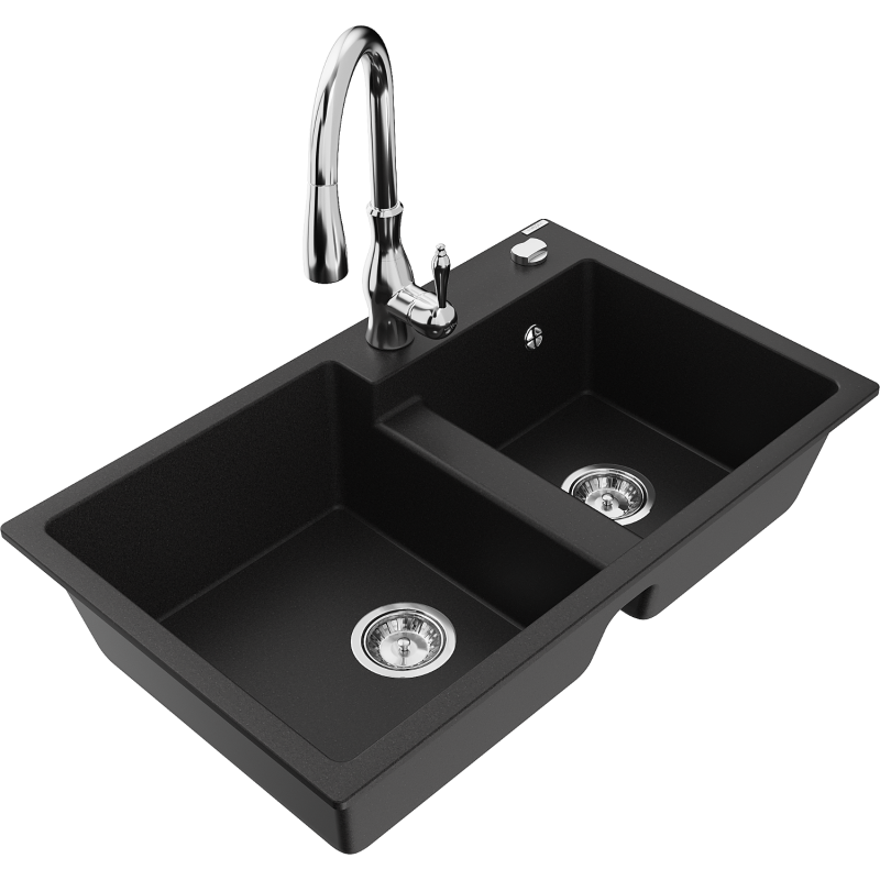 Mexen Tomas fregadero de granito de 2 senos con grifo de cocina Savita, negro - 6516-77-672601-00