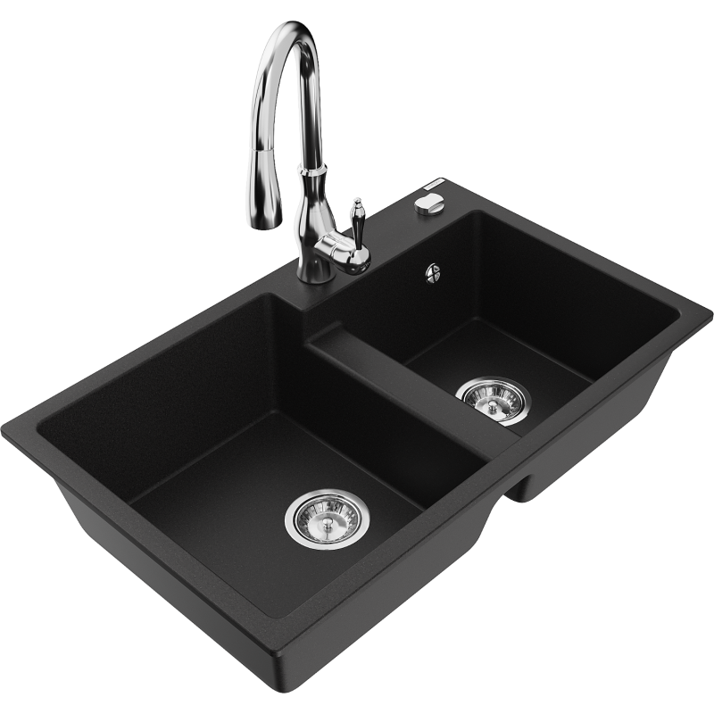 Mexen Tomas lavello da cucina in granito a 2 vasche con miscelatore Savita, nero - 6516-77-672601-00