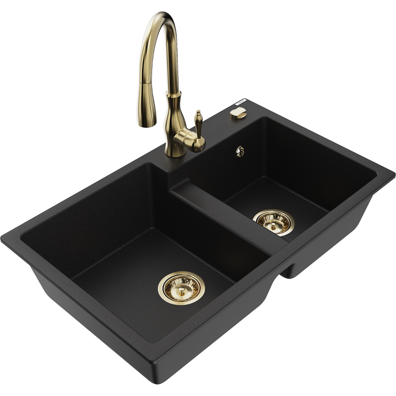 Mexen Tomas lavello in granito a 2 vasche con rubinetto da cucina Savita, nero - 6516-77-672601-50