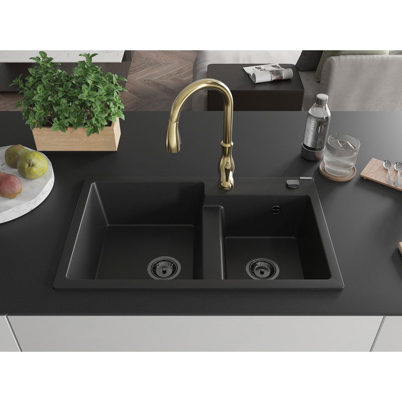 Mexen Tomas granite sink 2-chamber with Savita kitchen tap, black - 6516-77-672601-50-B