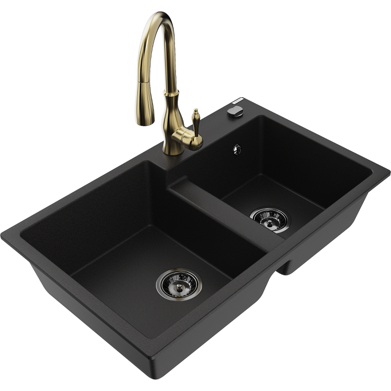 Mexen Tomas lavello in granito a 2 vasche con rubinetto da cucina Savita, nero - 6516-77-672601-50-B