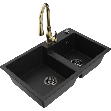 Mexen Tomas divpadsmit akmens izlietne ar 2 nodalījumiem un virtuves krānu Savita, melna - 6516-77-672601-50-B