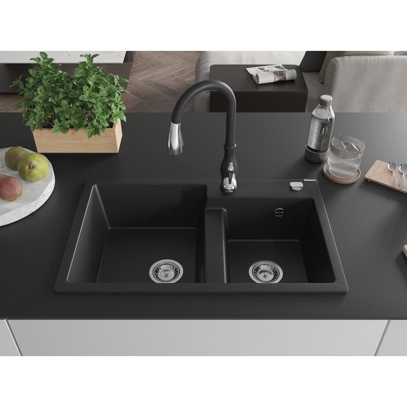 Mexen Tomas granite 2-bowl sink with Savita kitchen tap, black - 6516-77-672601-70