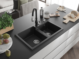 Mexen Tomas granite 2-bowl sink with Savita kitchen tap, black - 6516-77-672601-70