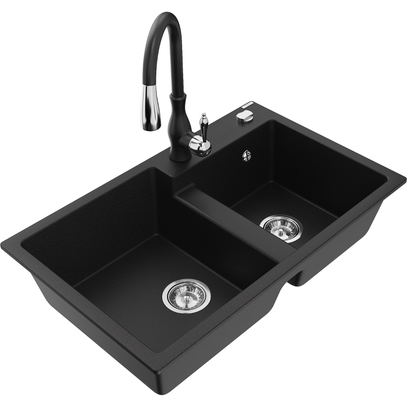 Mexen Tomas fregadero de granito de 2 compartimentos con grifo de cocina Savita, negro - 6516-77-672601-70