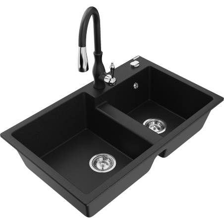 Mexen Tomas granite 2-bowl sink with Savita kitchen tap, black - 6516-77-672601-70
