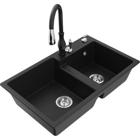 Mexen Tomas lavello in granito a 2 vasche con miscelatore da cucina Savita, nero - 6516-77-672601-70