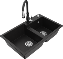 Mexen Tomas granite 2-bowl sink with Savita kitchen tap, black - 6516-77-672601-70