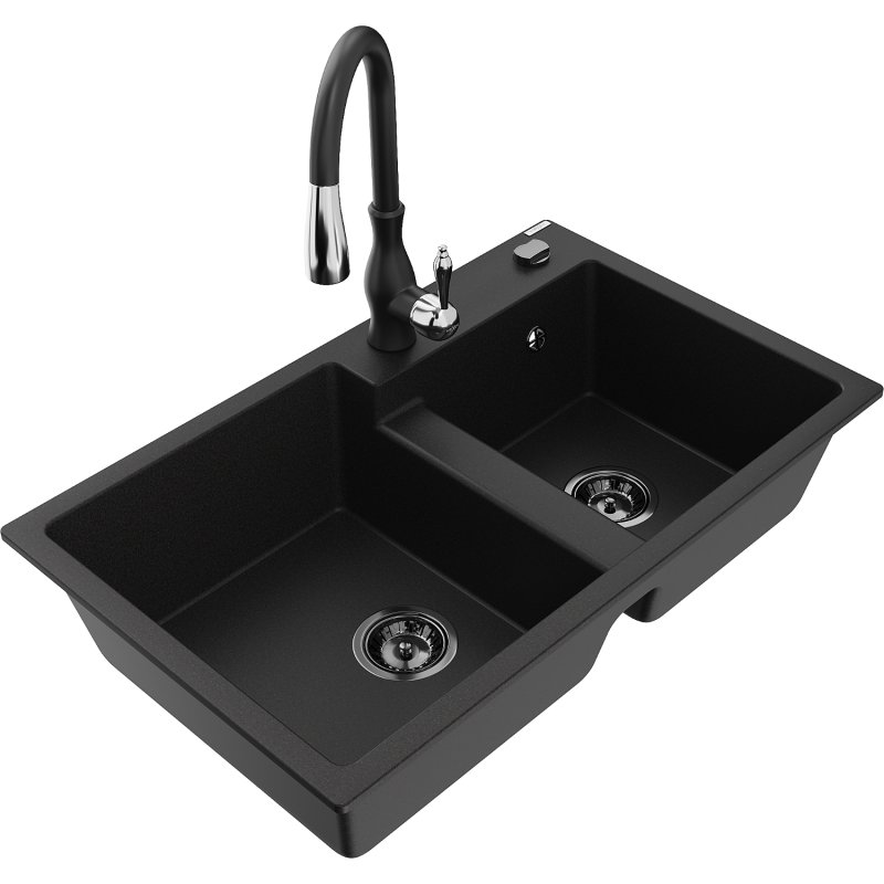 Mexen Tomas granite sink with two chambers and Savita kitchen tap, black - 6516-77-672601-70-B