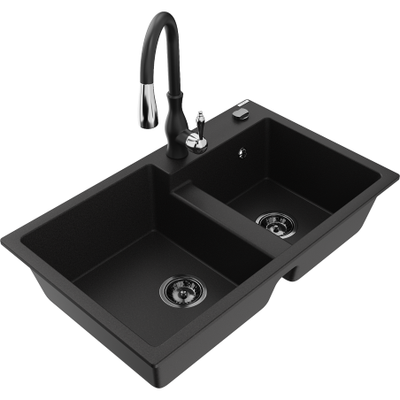 Mexen Tomas granite sink with two chambers and Savita kitchen tap, black - 6516-77-672601-70-B
