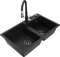 Mexen Tomas Granit Spullsteen mat 2-Schank mat Kichenbatterie Savita, schwaarz - 6516-77-672601-70-B