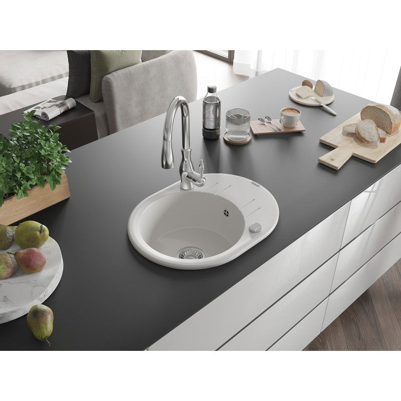 Mexen Kevin granite sink 1-bowl with drainer and Savita kitchen tap, white - 6517-20-672601-00